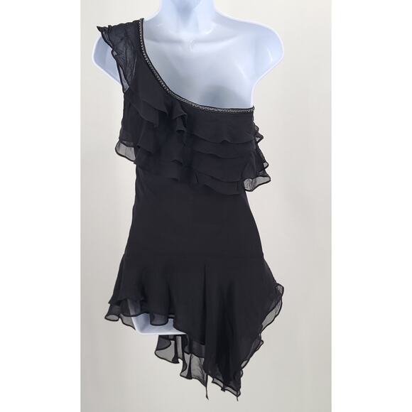 Orna Faro Vintage Y2K women's black silk ruffle tiers one shoulder dress Sz 40 - Picture 2 of 8